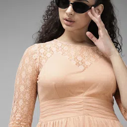 Roadster Peach-Coloured Self Design Ruched Detail Net A-Line Dress-image-32