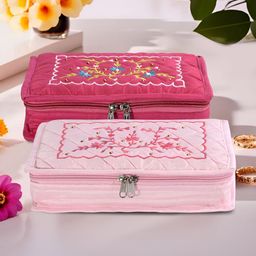 RUBOXA Pink & White 2 Pieces Embroidery 7-Compartment Jewellery Organisers-picture-41