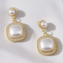 Vembley Gold-Plated Square Shaped Cubic Zirconia Pearl Drop Earrings image 3