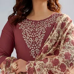 Pantos Floral Embroidered Round Neck Thread Work Straight Kurta With Trousers & Dupatta image 4