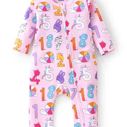 Babyhug 100% Cotton Knit Full Length Number Print Romper - Pink-image-0