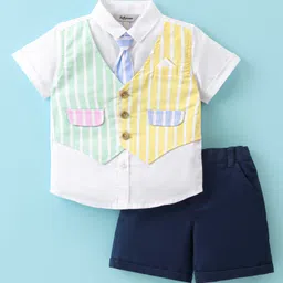 ToffyHouse 100% Cotton Woven Half Sleeves Shirt & Shorts Set with Attached Striped Waist Coat & Tie - White & Navy Blue-picture-24