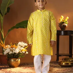 Vastramay Cotton Full Sleeves Leheriya Printed Kurta And Pyjama Set - Yellow-picture-27