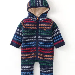 Yellow Apple Knit Full Sleeves Winter Wear Hooded Romper With Stripes Design - Navy Blue-picture-34