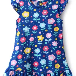 Babyhug Velour Knit Cap Sleeves Floral Printed Nighty with Frill Detailing - Navy Blue-picture-17