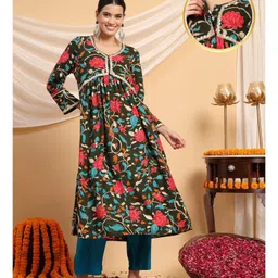 Zelena 100% Rayon Three Fourth Sleeves Floral Printed & Lace Embellished Maternity Kurta With Nursing Access & Salwar Set - Olive Green-image-34