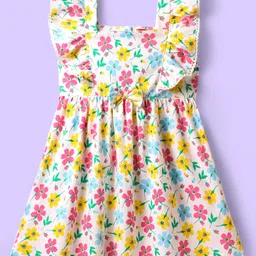 Babyhug Cotton Woven Frill Sleeves Frock with Floral Print & Bow Applique - White-picture-12