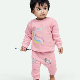 Ariel Pure Cotton Full Sleeves Unicorn Printed Tee & Pajama Set - Pink-picture-18