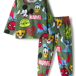 Babyhug Disney Single Jersey Knit Full Sleeves Co-ord Night Suit With Disney Character Print - Olive Green-picture-12