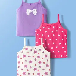 Babyoye Knit Sleeveless Slips With Floral Print Pack Of 3 - Pink White & Purple-image-37