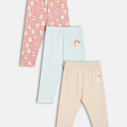 MINI KLUB Cotton Knit Pack Of 3 Birds Printed Leggings - Blue & Pink-picture-34