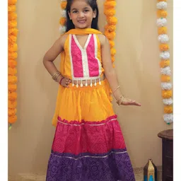 AJ Dezines Cotton Woven Navratri Theme Sleeveless Bandhani Printed & Gota Lace Embellished Lehenga Choli With Dupatta Set - Yellow-picture-28