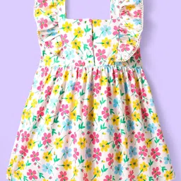 Babyhug Cotton Woven Frill Sleeves Frock with Floral Print & Bow Applique - White image 2