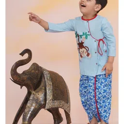 KID1 Cotton Full Sleeves Monkey Embroidered & Printed Dhoti Kurta Set - Blue image 4