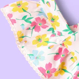 Babyhug Cotton Woven Frill Sleeves Frock with Floral Print & Bow Applique - White image 4