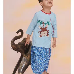 KID1 Cotton Full Sleeves Monkey Embroidered & Printed Dhoti Kurta Set - Blue image 5