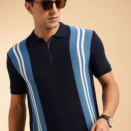 French Connection Pure Cotton Self Striped Polo Collar Knit T-shirt-picture-33