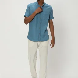 Mufti Teal Blue Slim Fit Textured Cotton Linen Shirt image 5
