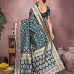 Varanga Teal Silk Blend Zari Saree With Unstitched Blouse image 2