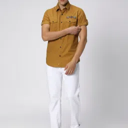 Mufti Khaki Slim Fit Cotton Linen Shirt image 5