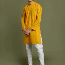 VASTRAMAY Boys Mustard & White Solid Full Sleeves Kurta Sets image 2