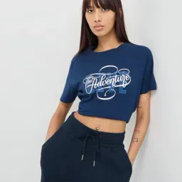 studiofit women Studiofit by Westside Navy Blue Text Printed Cotton T-Shirt-picture-17