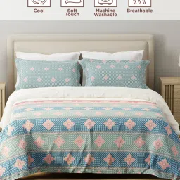 Layers Forever Blue & White Cotton Ethnic 120 TC Flat King Bedsheet with 2 Pillow Covers image 2