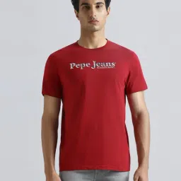 Pepe Jeans Red Cotton Slim Fit Logo Printed T-Shirt-image-0