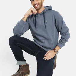 Octave Blue Melange Regular Fit Hooded Sweatshirt image 5