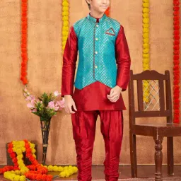 Aarika Kids Teal & Maroon Solid Full Sleeves Kurta, Pyjamas with Nehru Jacket-image-54