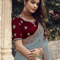 Odette Teal Georgette Embroidered Saree With Unstitched Blouse image 2