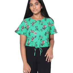 TeenTrums Half Sleeves Seamless Floral Printed Front Tie Up Top - Green-picture-15