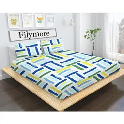 Filymore Line Printed Double Bedsheet with 2 Pillow Cover - White and Blue-image-10
