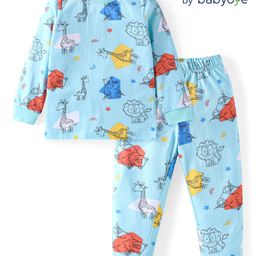 Babyoye 100% Cotton Knit Full Sleeves Night Suit With Animal Print - Light Blue-picture-33