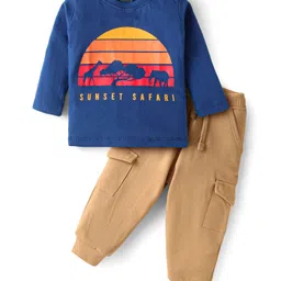 Babyhug Single Jersey Knit Full Sleeves T-Shirt & Lounge Pant Set With Sunset Print - Royal Blue & Brown-picture-22