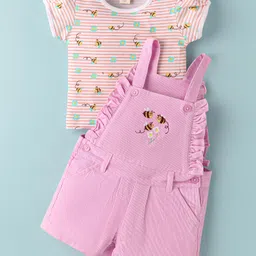ToffyHouse Cotton Knit Dungaree & Half Sleeves T-Shirt With Floral & Honey Bee Print & Embroidery - Light Red-picture-28