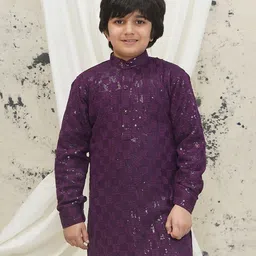 AJ Dezines Cotton Blend Full Sleeves Floral Embroidered & Sequins Embellished Kurta - Purple-picture-21