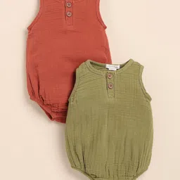 Cot & Candy Muslin Pack Of 2 Sleeveless Solid Onesies - Olive & Picante-picture-13