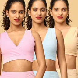 The Mom Store Cotton Knit Pack Of 3 Solid Maternity Nursing Sleep Bras - Beige Blue & Pink-image-99