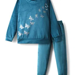 Babyhug Velour Woven Full Sleeves Butterfly Foil Printed Winter Wear Suit - Teal Blue-image-93