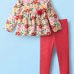 Babyhug Single Jersey Knit Full Sleeves Top & Leggings Set With Floral Print - Red & White-picture-17