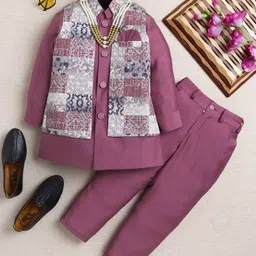 Ahhaaaa Viscose Woven Full Sleeves Solid Kurta Pant With Ethnic Printed Nehru Jacket & Mala Set - Plum-picture-16