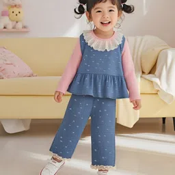 Googo Gaaga Cotton Woven Full Sleeves Schiffli Embroidered Ribbed Inner Tee & Trousers With Top Set - Blue-picture-32