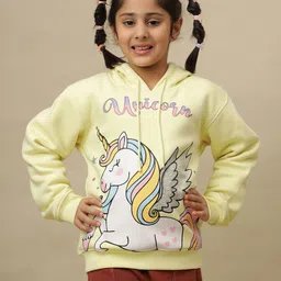 Kidsville Knit Full Sleeves Unicorn Printed Winter Hoodie - Yellow-image-9