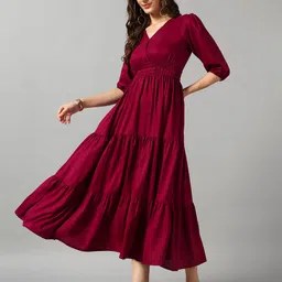 Krunal Raiyani Women V-Neck Puff Sleeve Crepe Fit & Flare Midi Dress-image-83