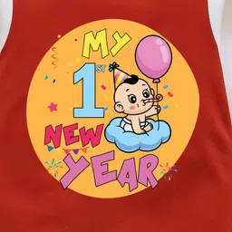 The Peppy Tend 100% Cotton Knit New Year Theme Raglan Full Sleeves My 1st New Year Text Printed Romper - Red & White image 5