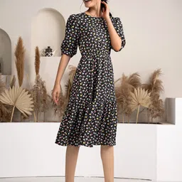 AASK Women Floral Printed Puff Sleeve Fit & Flare Dress image 3