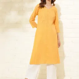 Fabindia Yellow Cotton Embroidered Straight Kurta-image-4