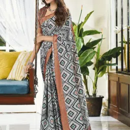 Satrani White & Black Silk Printed Saree With Unstitched Blouse-picture-25