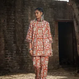Akiso Brick Red Block Printed Oversized Button Down Shirt Style Kurta With Embroidery Detail-image-91